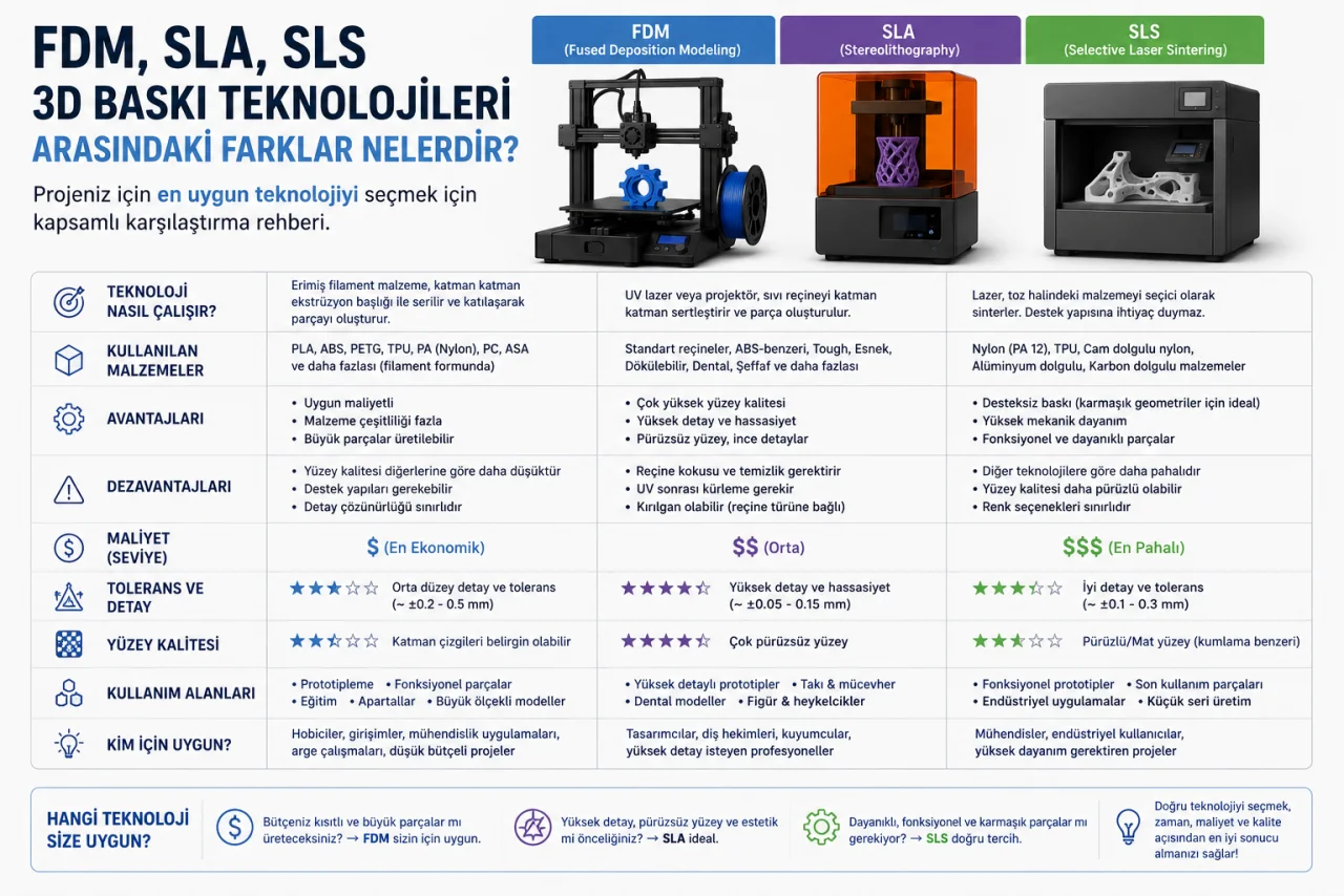 Projeniz İçin En Uygun 3D Baskı Teknolojisi Hangisi? FDM, SLA, SLS Karşılaştırması