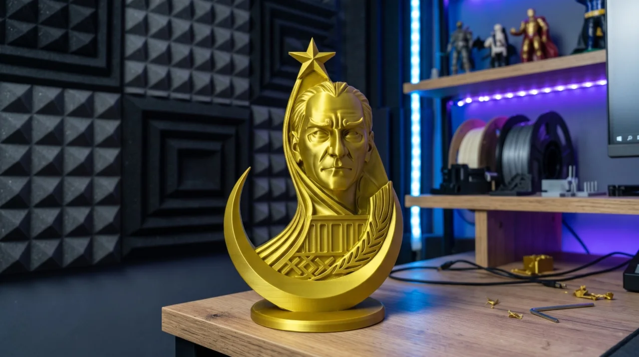 Gold Atatürk Büstü Türk Bayraklı – Altın Renk Dekoratif Atatürk Heykeli Masaüstü Biblo