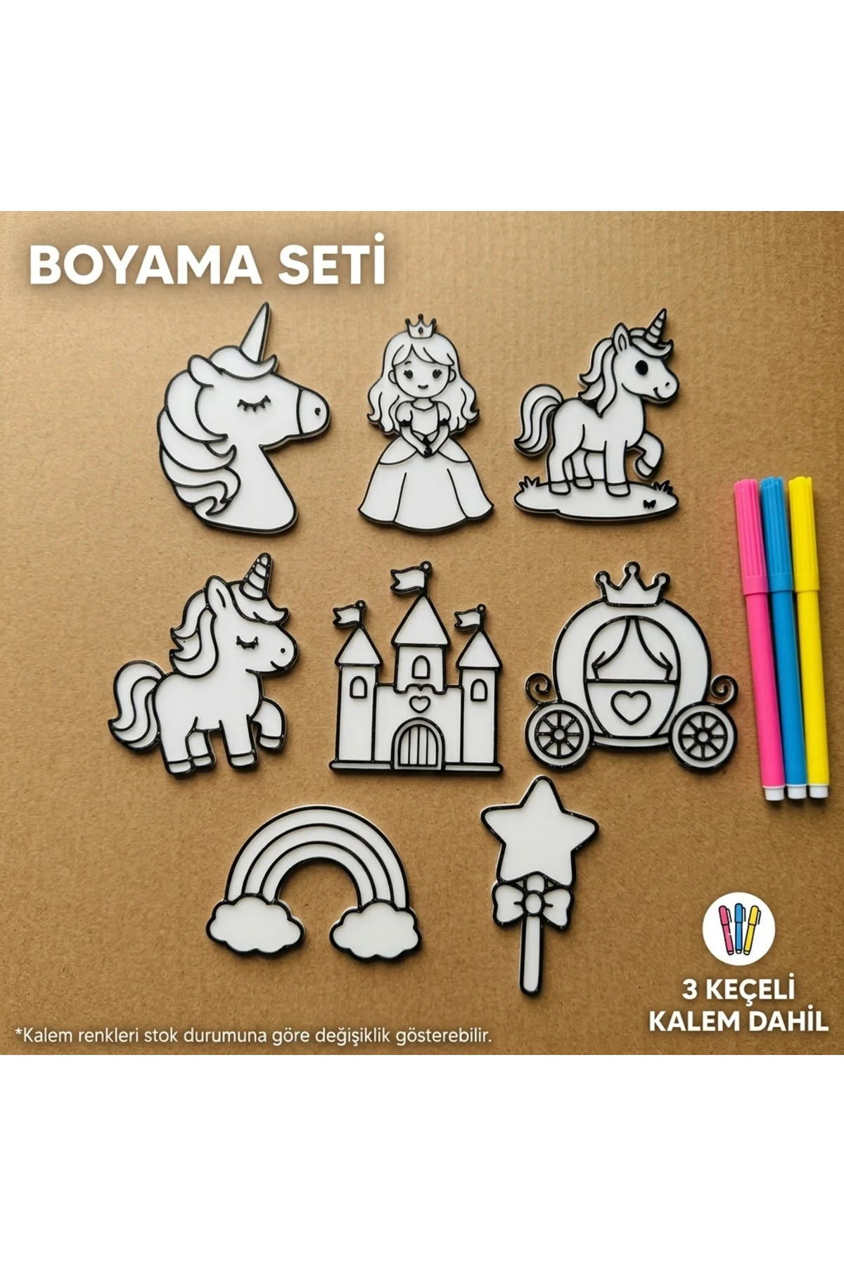 Unicorn ve Prenses Masalı Boyama Seti – 8 Parça Figür + 3 Keçeli Kalem Hediyeli