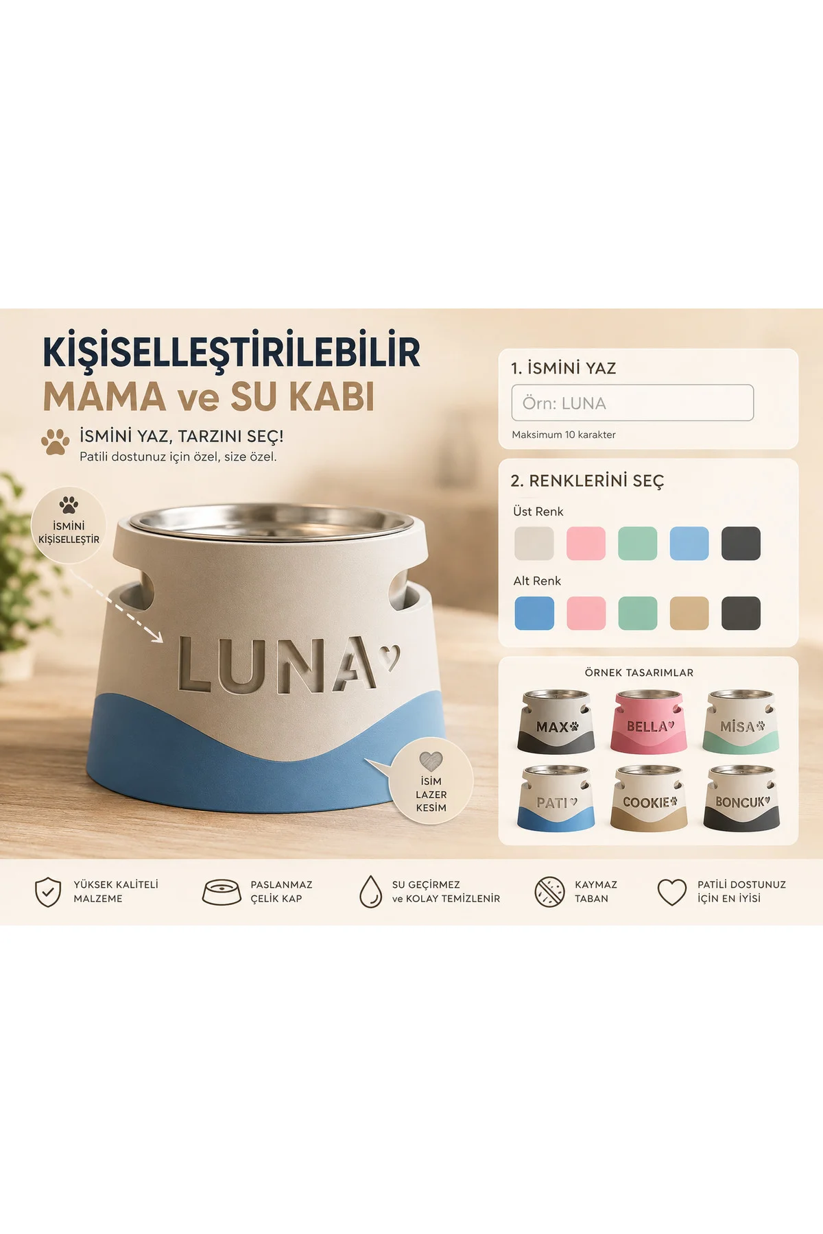 Kişiye Özel Mama ve Su Kabı | İsim Yazılabilir | Çift Renk Seçenekli | Paslanmaz Çelik Hazneli Kedi ve Köpek Mama Kabı