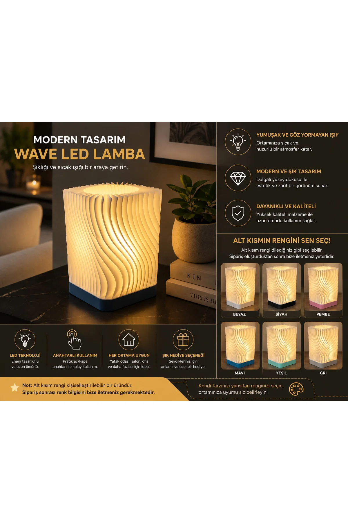 WaveGlow LED Dekoratif Masa Lambası – Modern 3D Baskı Gece Lambası