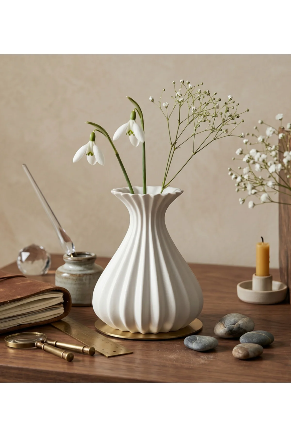 Vazo Modern Estetik 3D Baskı, Dekoratif, Bohem Beyaz -- 15 Cm --